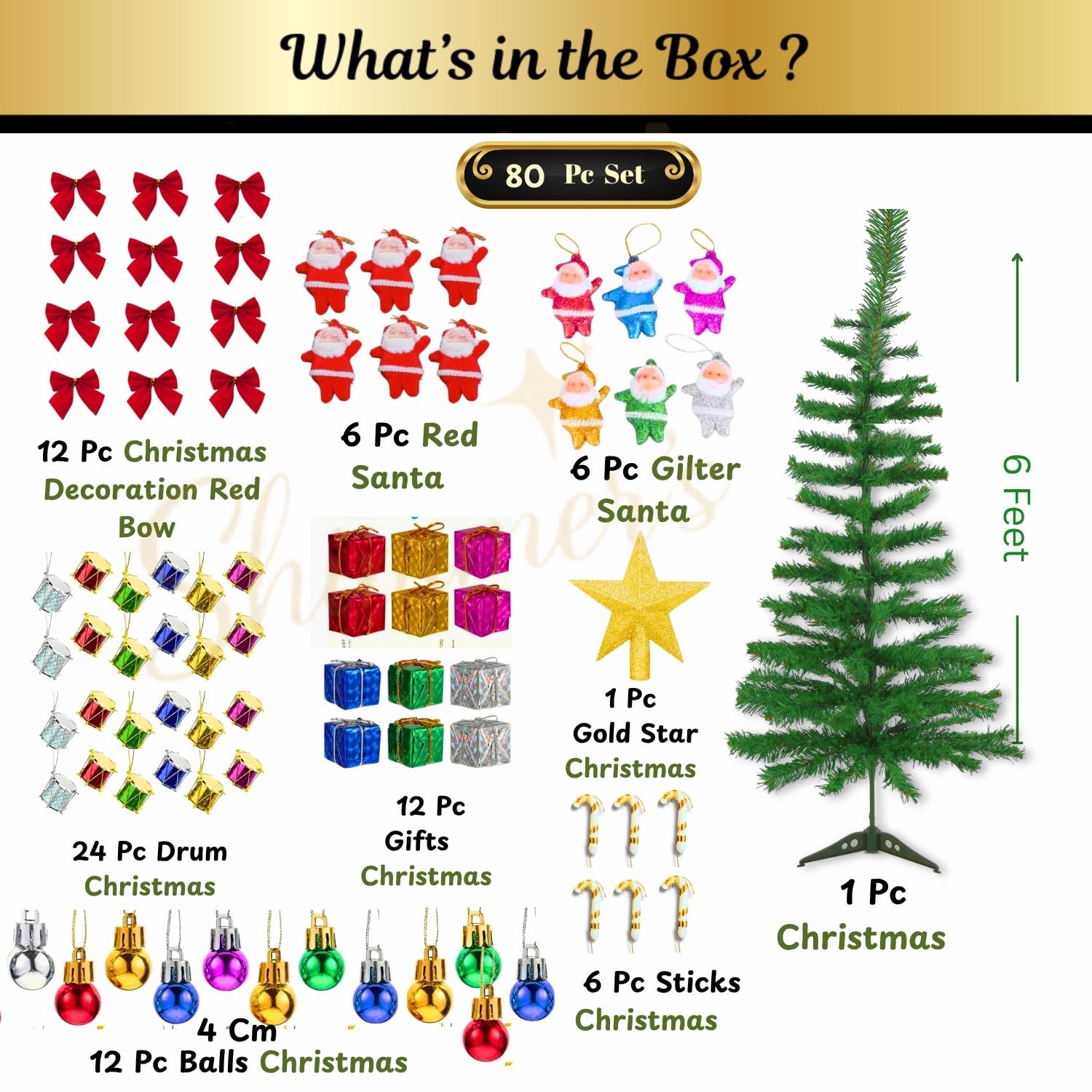Shimmers 80 Pc Christmas Decoration Set | 6 Ft Artificial Christmas Tree with Gold Star, Red Bows, Santas, Gift Boxes, Drums, Balls & Candy Sticks | Complete Xmas Tree Decoration Kit for Home & Office