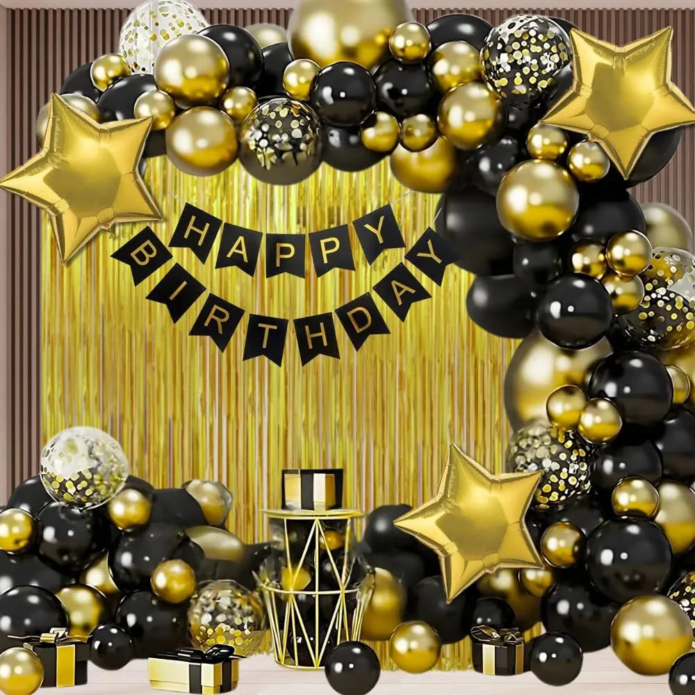 Shimmers 61 Pcs Black & Gold Birthday Decoration Kit – Banner, Metallic Balloons, Foil Stars, Balloon Pump & Accessories – Party Decor Set for Boys, Girls, Men & Women – Elegant Theme for Home or Hall