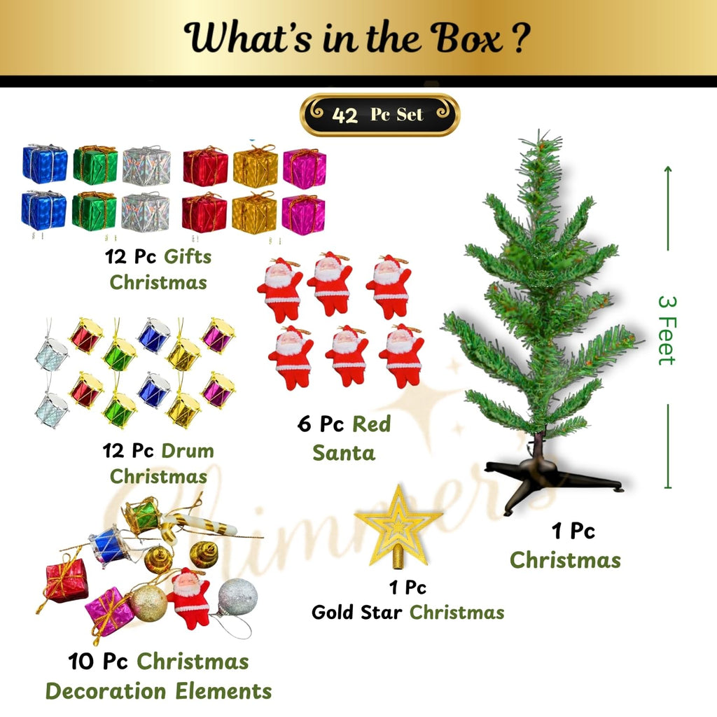 Shimmers 42 Pc Christmas Decoration Set|Complete Xmas Tree Décor Kit with Artificial Christmas Tree, Gift Boxes, Drums, Red Santas, Ornaments & Golden Star