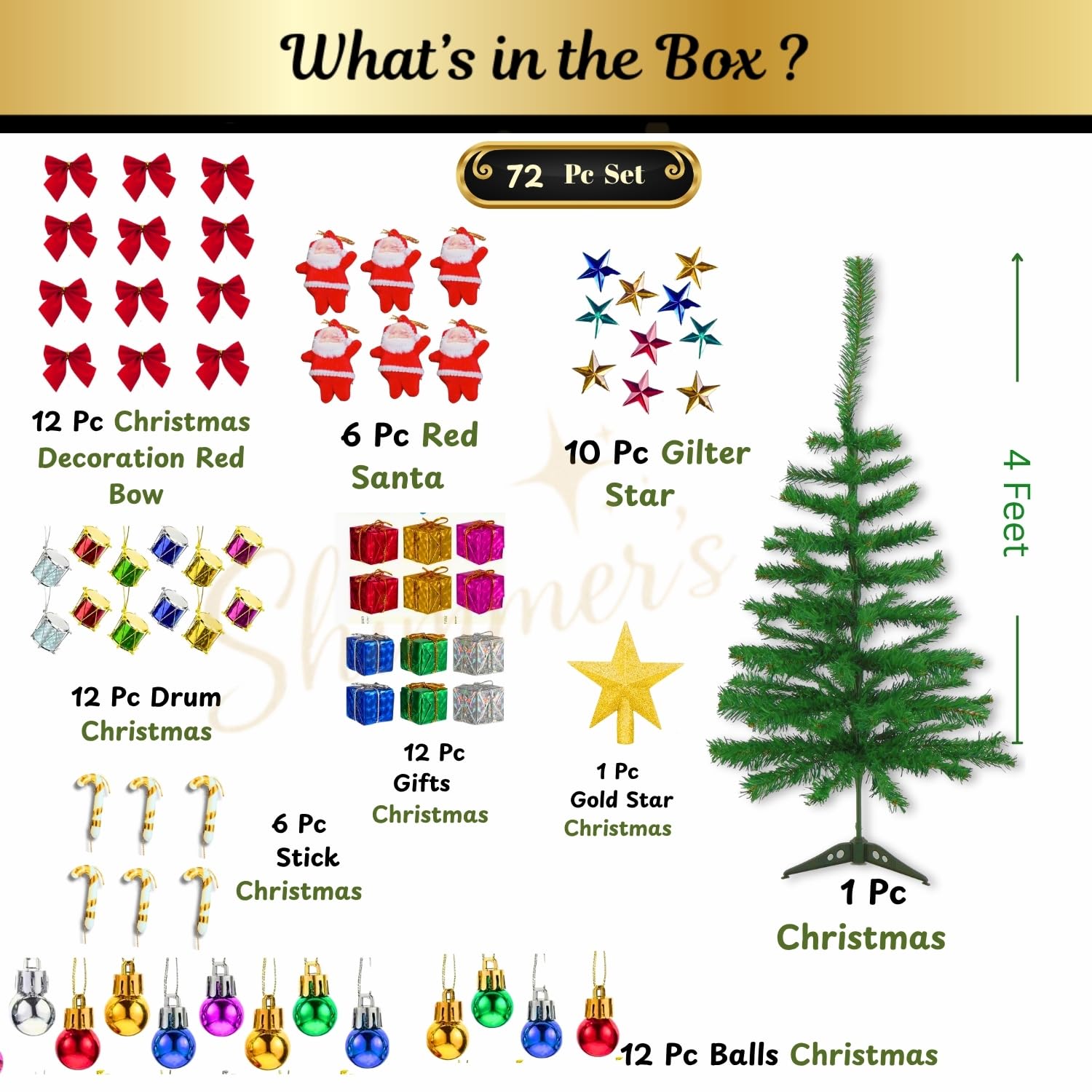 Shimmers 72Pc Christmas Decoration Set-4Ft Artificial Christmas Tree with Star,Red Bows,Santas, Stars, Gift Boxes, Drums, Balls & Candy Sticks|Complete Xmas Décor Kit for Home & Holiday Celebrations