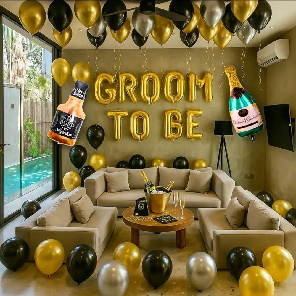 Shimmers Groom to Be Party Decoration Set of 55 Black, Silver & Gold Balloons with Groom to Be Foil Banner, Champagne Bottle Balloon,Ribbons & Accessories