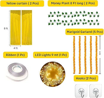 Shimmers 13 Pc Yellow Curtain Decoration Kit with LED Fairy Lights, Marigold Garland & Green Vines – Backdrop Decoration for Haldi, Wedding Stage, Pooja, Home, Festival, Birthday & Anniversary Party 55% off