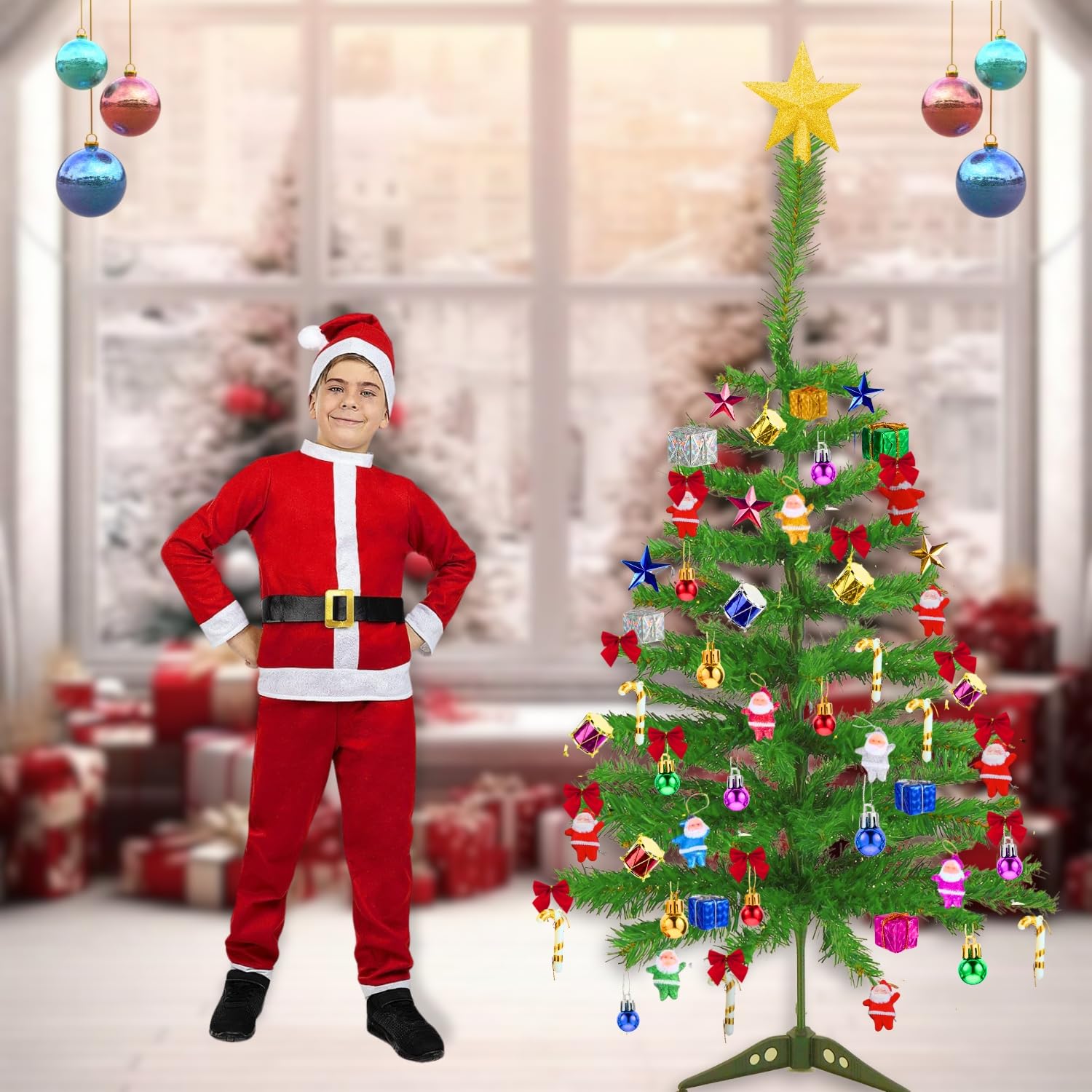 Shimmers 74 Pc Christmas Decoration Set|5Ft Artificial Christmas Tree with Star,Red Bows, Santas, Gift Boxes, Drums, Balls & Candy Sticks|Complete Xmas Tree Décor Kit for Home & Holiday Celebrations