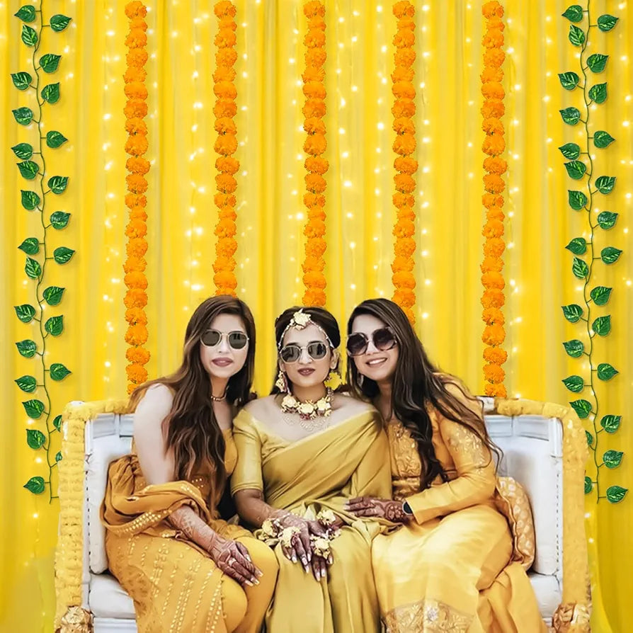 Shimmers 13 Pc Yellow Curtain Decoration Kit with LED Fairy Lights, Marigold Garland & Green Vines – Backdrop Decoration for Haldi, Wedding Stage, Pooja, Home, Festival, Birthday & Anniversary Party 55% off
