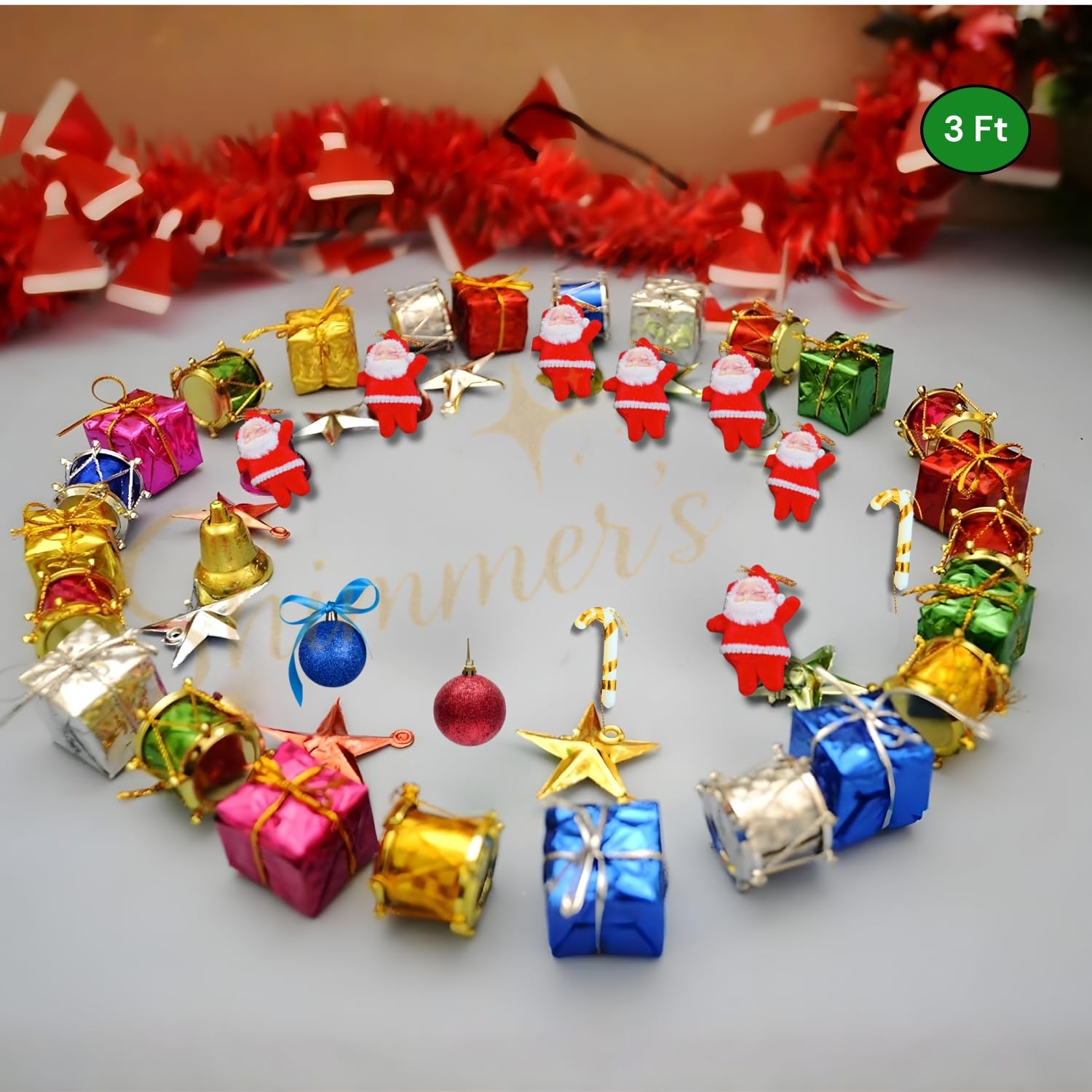 Shimmers 42 Pc Christmas Decoration Set|Complete Xmas Tree Décor Kit with Artificial Christmas Tree, Gift Boxes, Drums, Red Santas, Ornaments & Golden Star