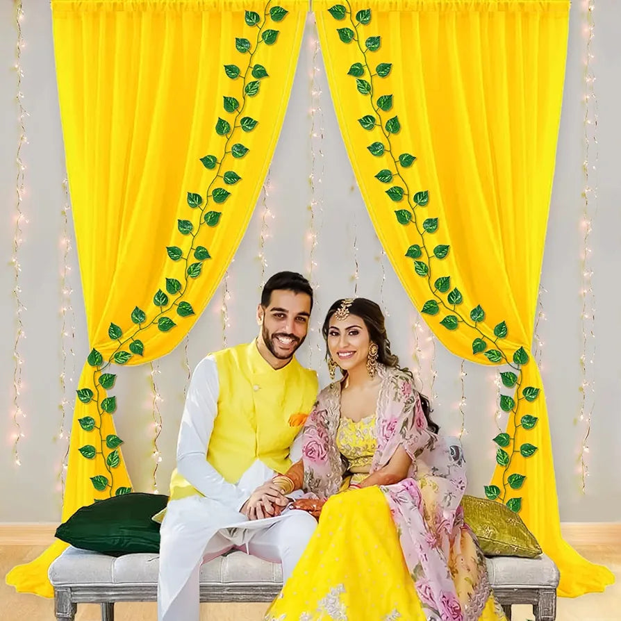 Shimmers 13 Pc Yellow Curtain Decoration Kit with LED Fairy Lights, Marigold Garland & Green Vines – Backdrop Decoration for Haldi, Wedding Stage, Pooja, Home, Festival, Birthday & Anniversary Party 55% off