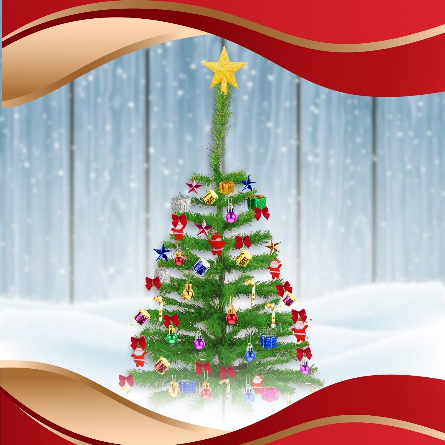 Shimmers 72Pc Christmas Decoration Set-4Ft Artificial Christmas Tree with Star,Red Bows,Santas, Stars, Gift Boxes, Drums, Balls & Candy Sticks|Complete Xmas Décor Kit for Home & Holiday Celebrations