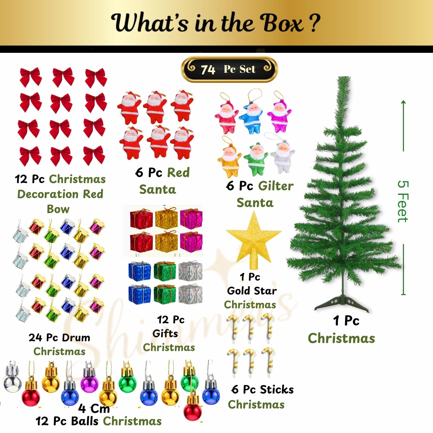 Shimmers 74 Pc Christmas Decoration Set|5Ft Artificial Christmas Tree with Star,Red Bows, Santas, Gift Boxes, Drums, Balls & Candy Sticks|Complete Xmas Tree Décor Kit for Home & Holiday Celebrations