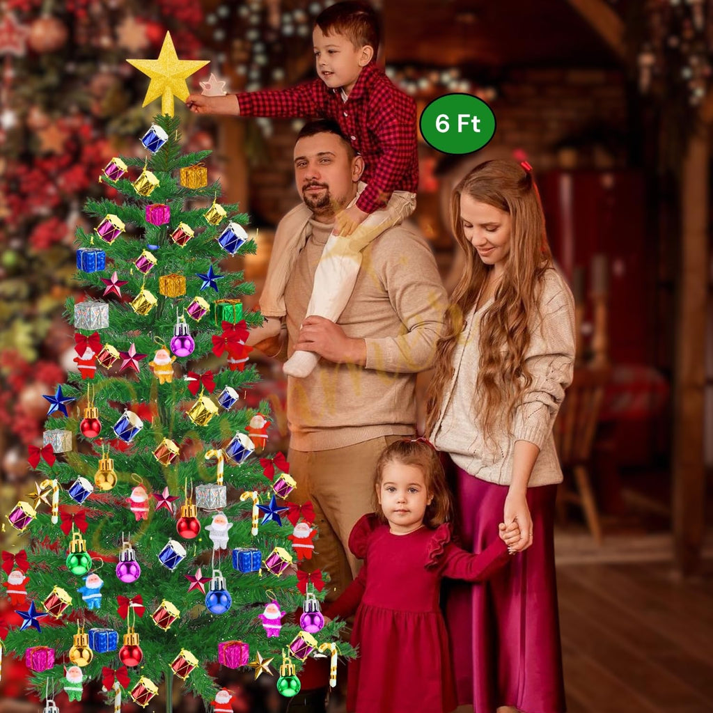 Shimmers 80 Pc Christmas Decoration Set | 6 Ft Artificial Christmas Tree with Gold Star, Red Bows, Santas, Gift Boxes, Drums, Balls & Candy Sticks | Complete Xmas Tree Decoration Kit for Home & Office