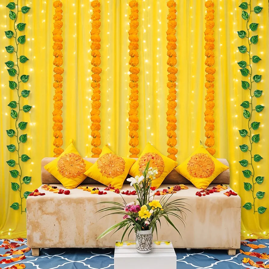 Shimmers 13 Pc Yellow Curtain Decoration Kit with LED Fairy Lights, Marigold Garland & Green Vines – Backdrop Decoration for Haldi, Wedding Stage, Pooja, Home, Festival, Birthday & Anniversary Party 55% off