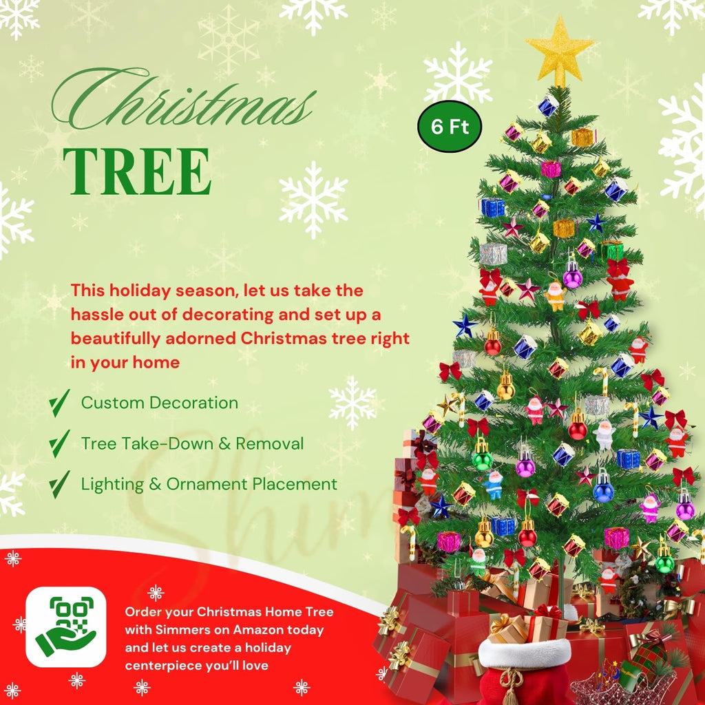Shimmers 80 Pc Christmas Decoration Set | 6 Ft Artificial Christmas Tree with Gold Star, Red Bows, Santas, Gift Boxes, Drums, Balls & Candy Sticks | Complete Xmas Tree Decoration Kit for Home & Office