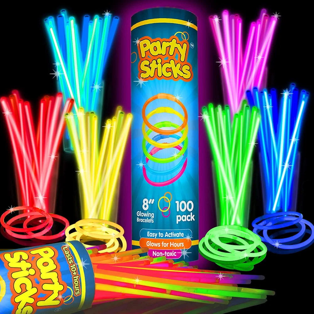Shimmers Party 8" Glow Sticks – 100 Pack Neon Light Up Sticks, Glow in the Dark, Easy to Activate, Long-Lasting Glow for Kids & Adults, Perfect for Parties, Concerts, Night Events & Celebrations
