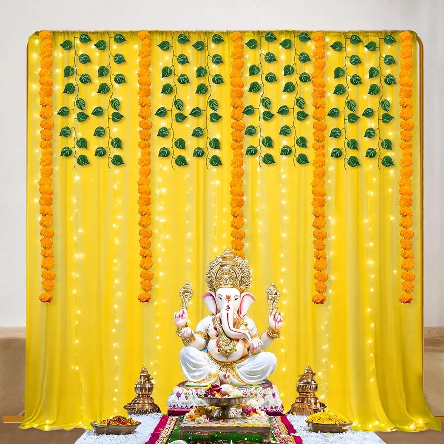 Shimmers 13 Pc Yellow Curtain Decoration Kit with LED Fairy Lights, Marigold Garland & Green Vines – Backdrop Decoration for Haldi, Wedding Stage, Pooja, Home, Festival, Birthday & Anniversary Party 55% off