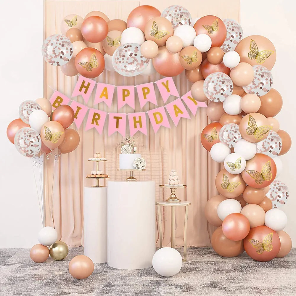 Shimmers Butterfly Birthday Decoration Kit for Girls – Pink & Rose Gold Balloon Arch Set with Banner, 3D Butterflies, Confetti Balloons, and Arch Strip for Elegant Party Backdrop