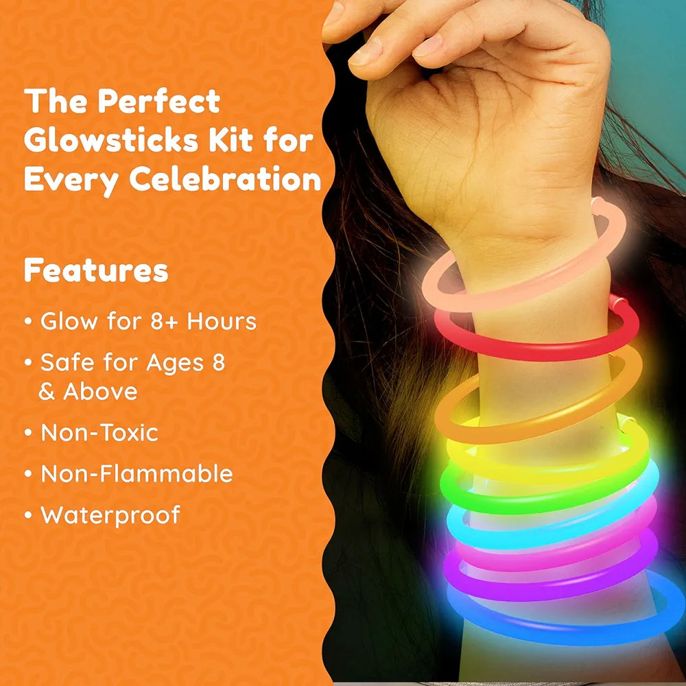 Shimmers Party 8" Glow Sticks – 100 Pack Neon Light Up Sticks, Glow in the Dark, Easy to Activate, Long-Lasting Glow for Kids & Adults, Perfect for Parties, Concerts, Night Events & Celebrations