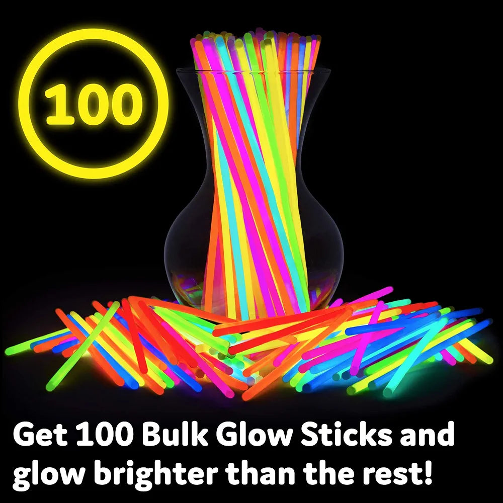 Shimmers Party 8" Glow Sticks – 100 Pack Neon Light Up Sticks, Glow in the Dark, Easy to Activate, Long-Lasting Glow for Kids & Adults, Perfect for Parties, Concerts, Night Events & Celebrations