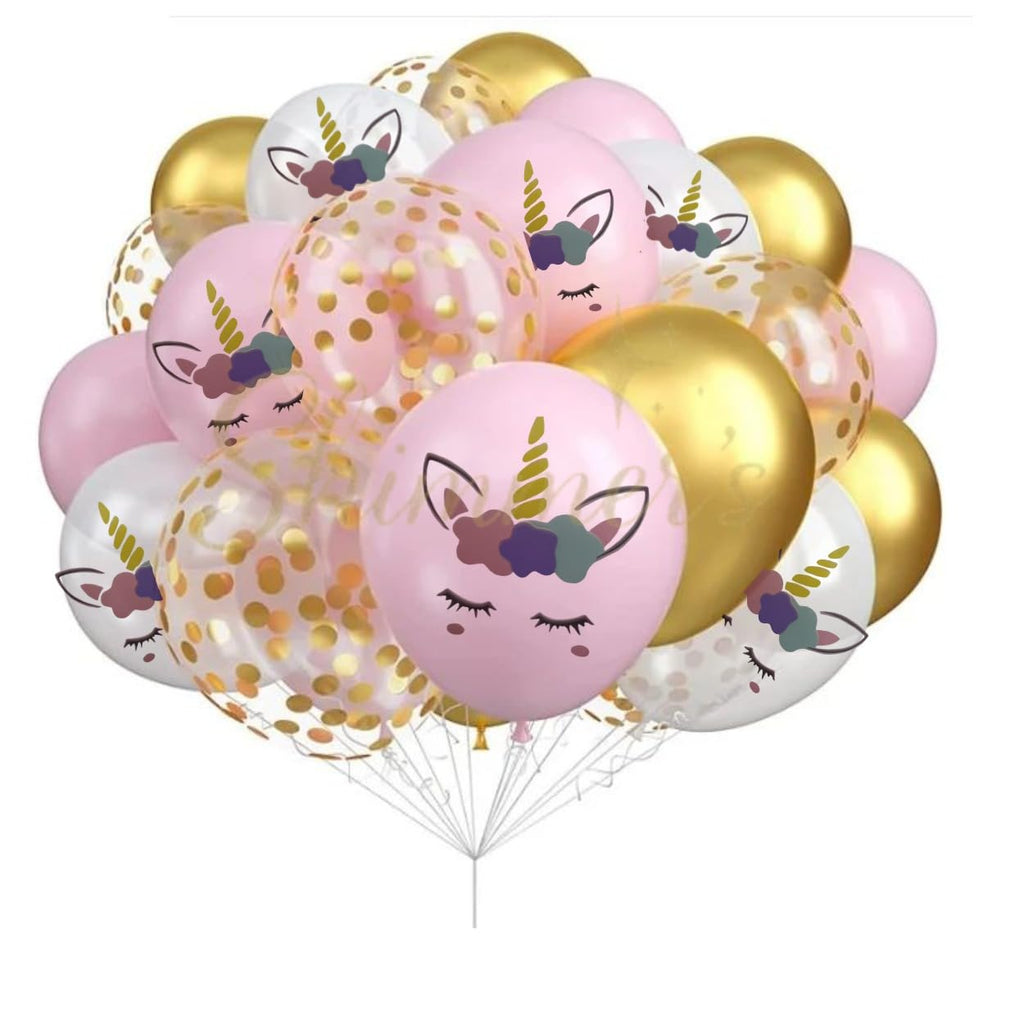 Shimmers Unicorn Birthday Party Balloons – 17 Pcs Pink, White & Golden Confetti Balloon for Girls Birthday, Baby Shower, Theme Party Decorations, Unicorn Print Helium or Air Inflatable Balloons