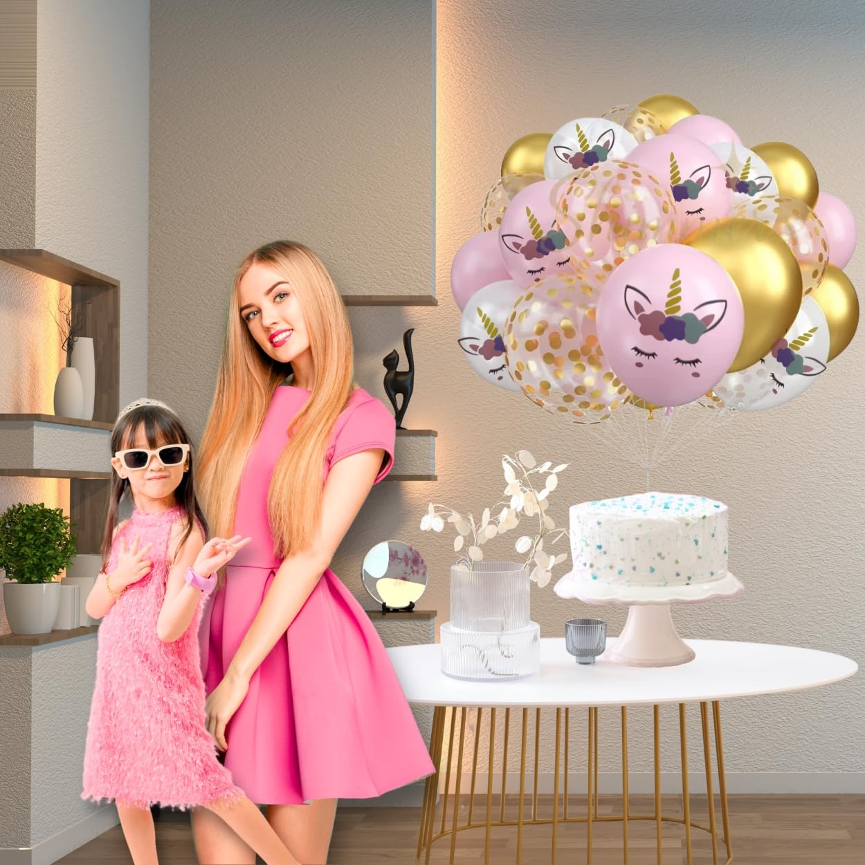 Shimmers Unicorn Birthday Party Balloons – 17 Pcs Pink, White & Golden Confetti Balloon for Girls Birthday, Baby Shower, Theme Party Decorations, Unicorn Print Helium or Air Inflatable Balloons