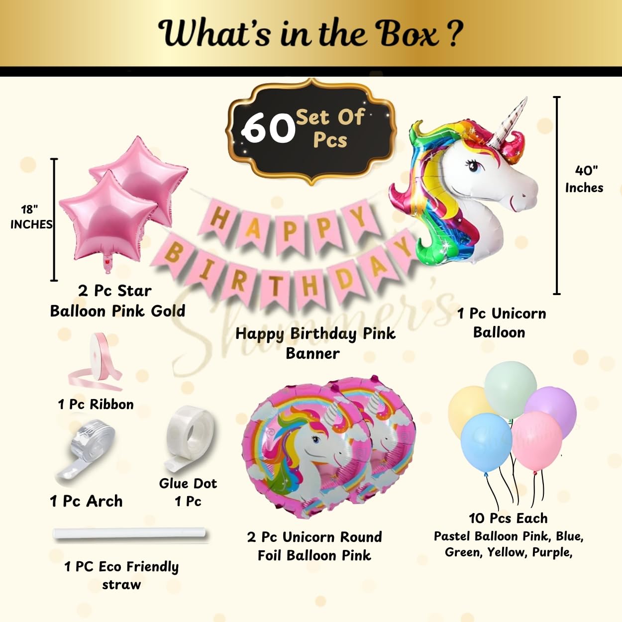 Shimmers Unicorn Pastel Balloon Decoration Kit – Pack of 58 Balloon Arch with Unicorn Foil, Star Balloon, Round Print Foil & Pastel Balloons for Girls Birthday Party, Baby Shower