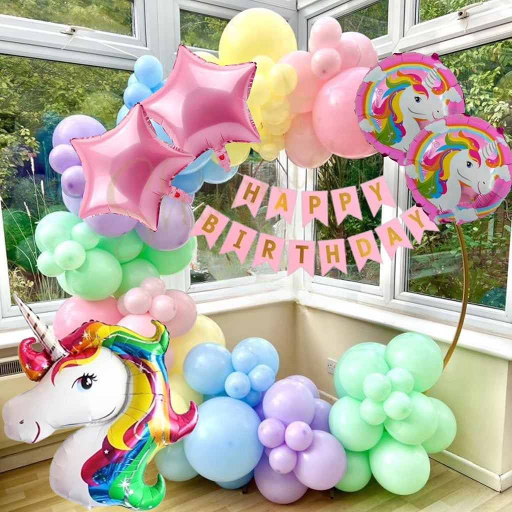 Shimmers Unicorn Pastel Balloon Decoration Kit – Pack of 58 Balloon Arch with Unicorn Foil, Star Balloon, Round Print Foil & Pastel Balloons for Girls Birthday Party, Baby Shower