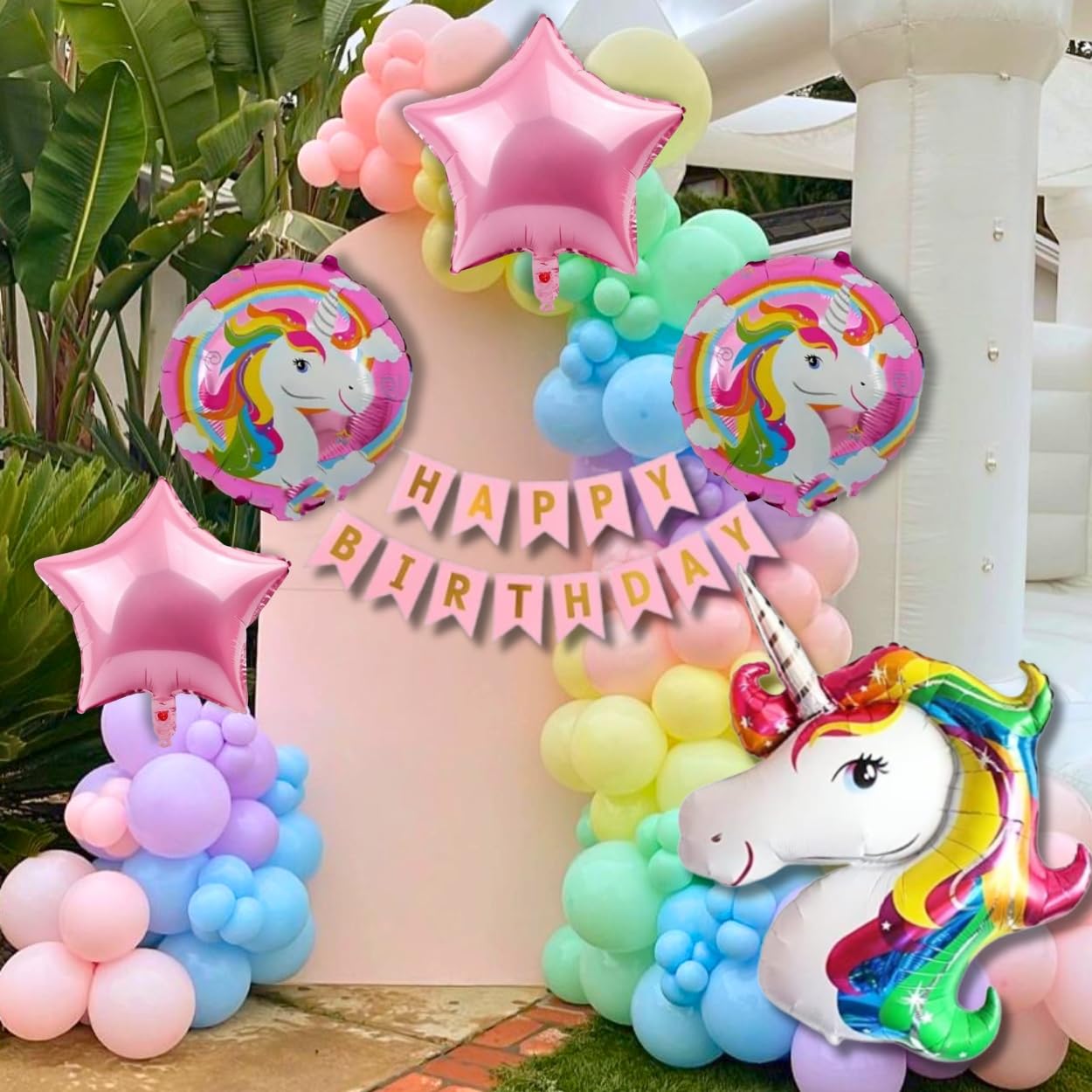 Shimmers Unicorn Pastel Balloon Decoration Kit – Pack of 58 Balloon Arch with Unicorn Foil, Star Balloon, Round Print Foil & Pastel Balloons for Girls Birthday Party, Baby Shower