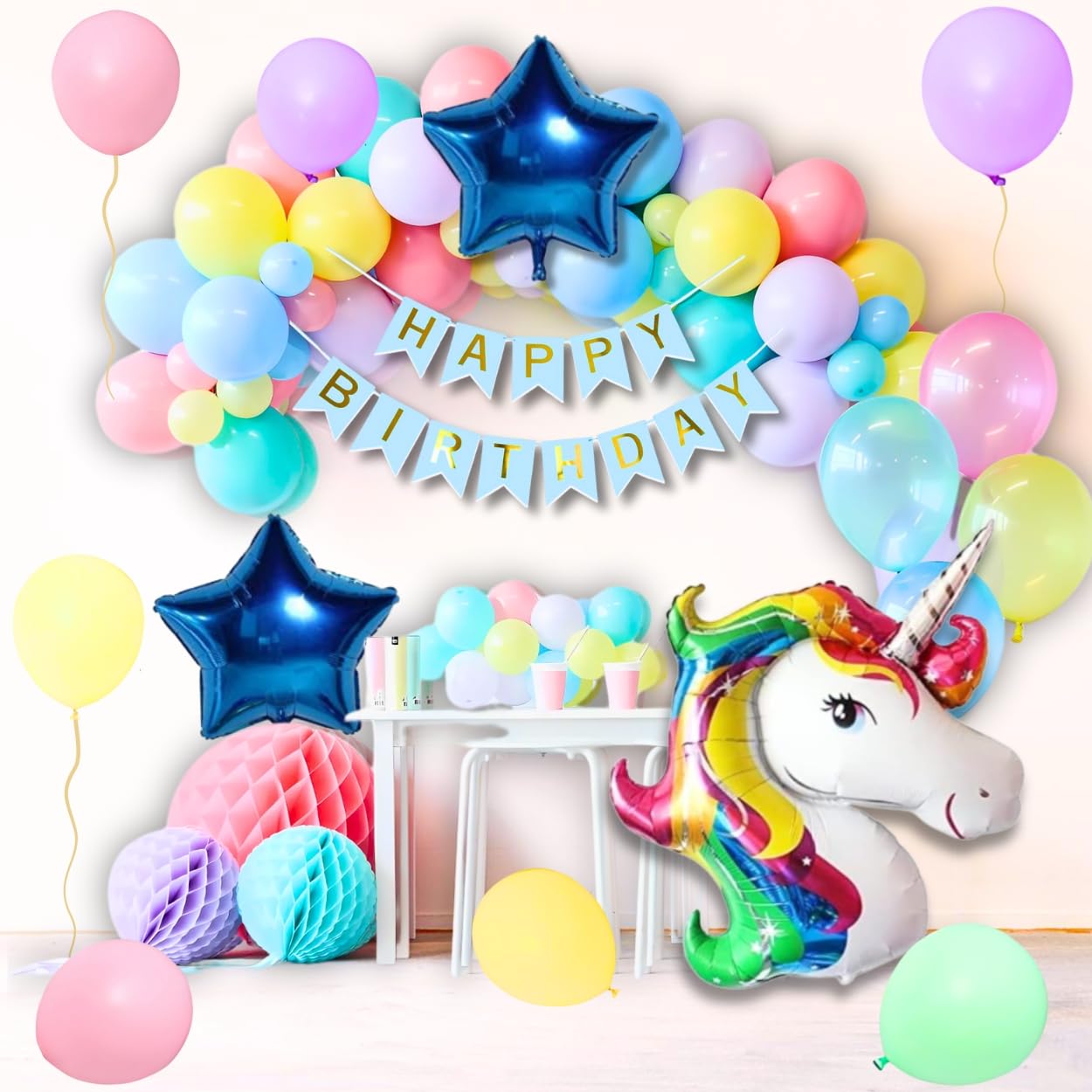 Shimmers Pastel Balloon Arch Kit with Unicorn – Pack of 56 Complete Happy Birthday Decoration Set for Indoor & Outdoor Celebrations, Blue Star And Round Foil Perfect for Kids Baby Showers & Events