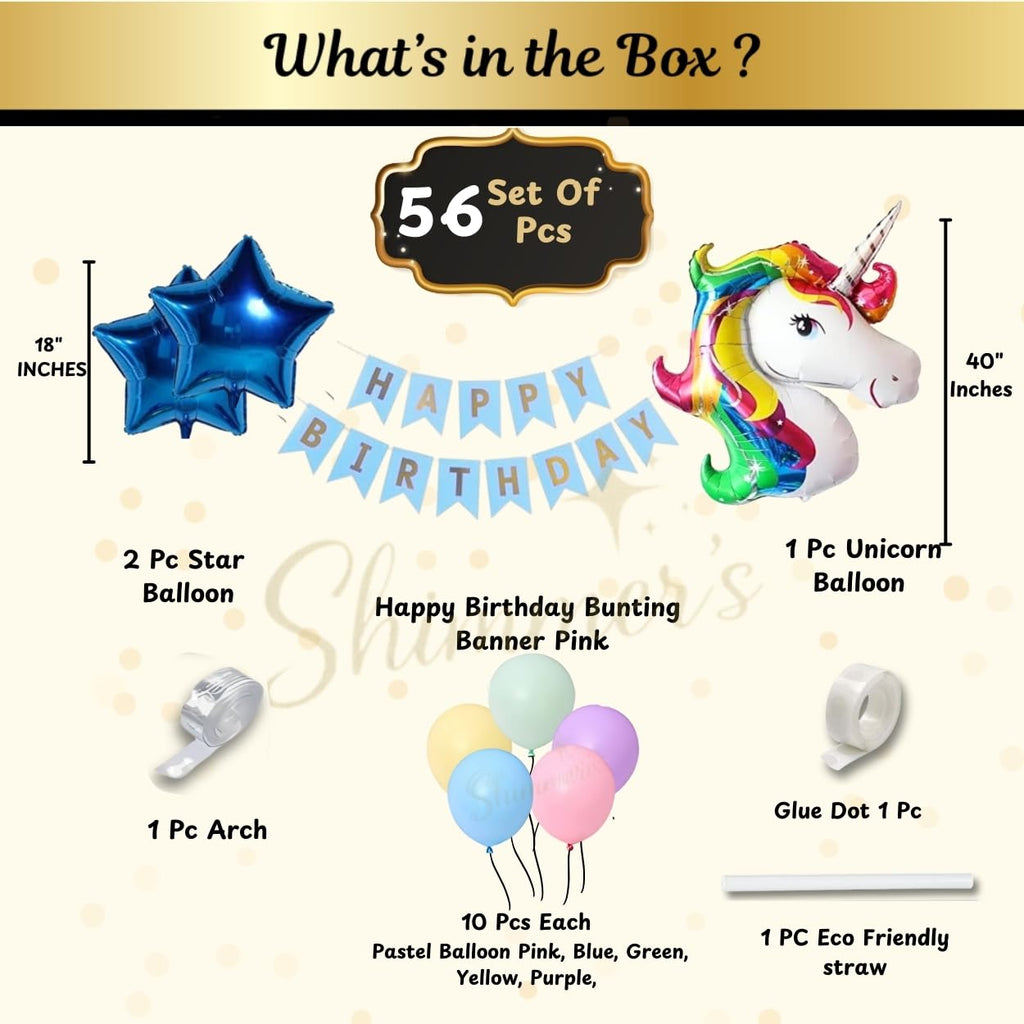 Shimmers Pastel Balloon Arch Kit with Unicorn – Pack of 56 Complete Happy Birthday Decoration Set for Indoor & Outdoor Celebrations, Blue Star And Round Foil Perfect for Kids Baby Showers & Events