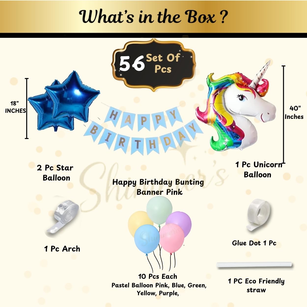 Shimmers Pastel Balloon Arch Kit with Unicorn – Pack of 56 Complete Happy Birthday Decoration Set for Indoor & Outdoor Celebrations, Blue Star And Round Foil Perfect for Kids Baby Showers & Events