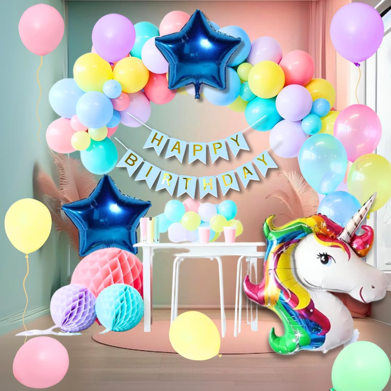 Shimmers Pastel Balloon Arch Kit with Unicorn – Pack of 56 Complete Happy Birthday Decoration Set for Indoor & Outdoor Celebrations, Blue Star And Round Foil Perfect for Kids Baby Showers & Events