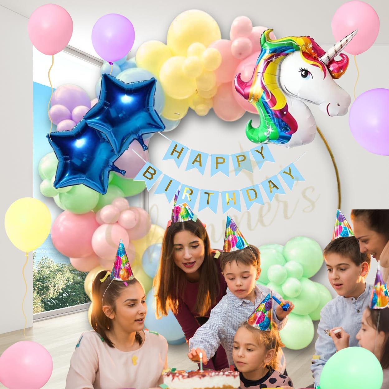 Shimmers Pastel Balloon Arch Kit with Unicorn – Pack of 56 Complete Happy Birthday Decoration Set for Indoor & Outdoor Celebrations, Blue Star And Round Foil Perfect for Kids Baby Showers & Events