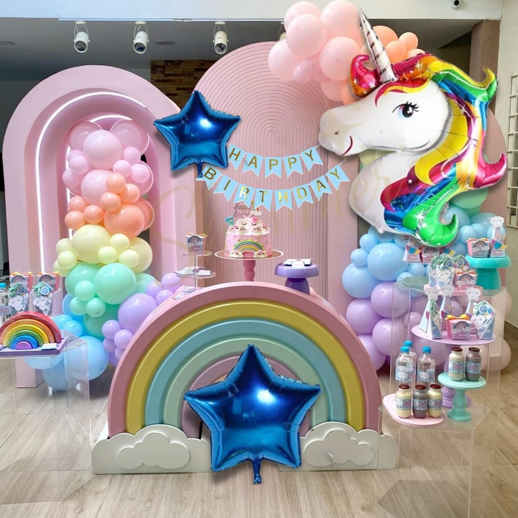Shimmers Pastel Balloon Arch Kit with Unicorn – Pack of 56 Complete Happy Birthday Decoration Set for Indoor & Outdoor Celebrations, Blue Star And Round Foil Perfect for Kids Baby Showers & Events