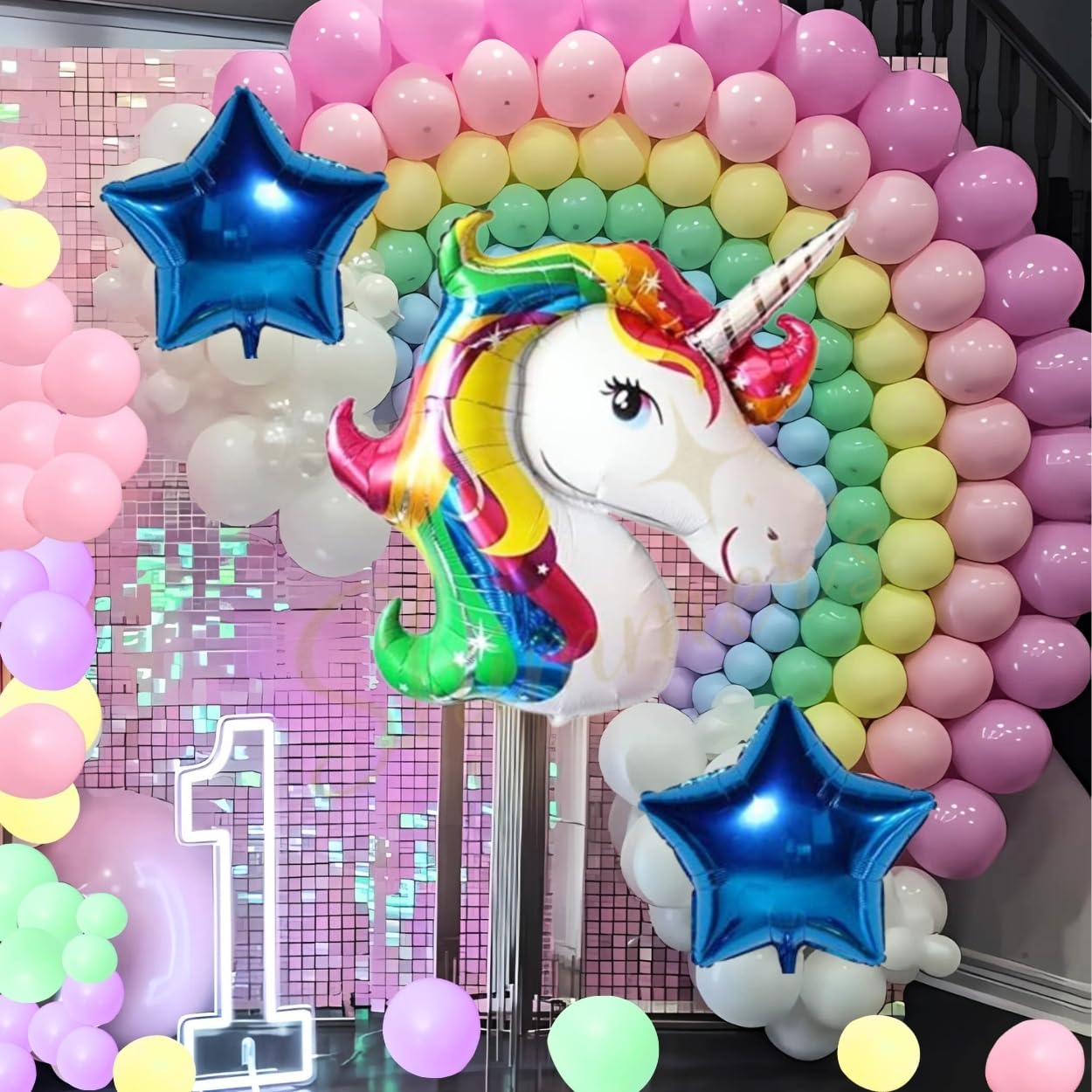 Shimmers Pastel Balloon Arch Kit with Unicorn – Pack of 56 Complete Happy Birthday Decoration Set for Indoor & Outdoor Celebrations, Blue Star And Round Foil Perfect for Kids Baby Showers & Events