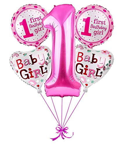 Shimmers Baby Girl 1st Birthday Balloon Set – Pink Number 1, Heart & Round Foil Balloons – First Birthday Decorations for Girls, Toddlers & Babies – Princess Theme Party Supplies for Wall & Room Décor