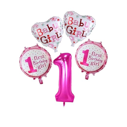 Shimmers Baby Girl 1st Birthday Balloon Set – Pink Number 1, Heart & Round Foil Balloons – First Birthday Decorations for Girls, Toddlers & Babies – Princess Theme Party Supplies for Wall & Room Décor