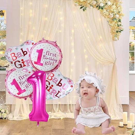 Shimmers Baby Girl 1st Birthday Balloon Set – Pink Number 1, Heart & Round Foil Balloons – First Birthday Decorations for Girls, Toddlers & Babies – Princess Theme Party Supplies for Wall & Room Décor