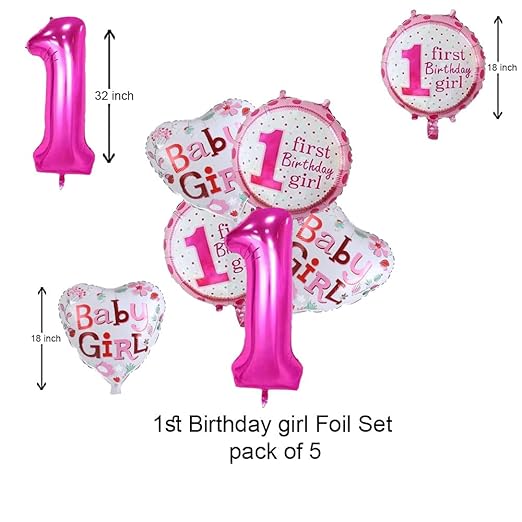 Shimmers Baby Girl 1st Birthday Balloon Set – Pink Number 1, Heart & Round Foil Balloons – First Birthday Decorations for Girls, Toddlers & Babies – Princess Theme Party Supplies for Wall & Room Décor