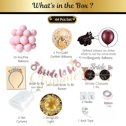 Shimmer’s Bride to Be Decoration Kit 44Pcs Bachelorette Party Supplies for Girls Night,Hen Party & Bridal Shower | Includes Balloons, Banner, Tiara,Curtains & Arch Tape for Bride to Be Party Decor