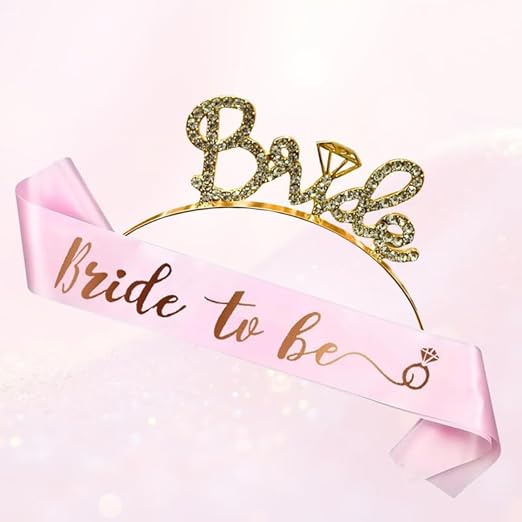 Shimmers Bride to Be Sash & Tiara Set Pink Satin Sash with Gold Lettering & Crystal Bride Metal Headband Elegant Bachelorette, Bridal Shower Decorations & Hen Night Accessories for the Bride-to-Be