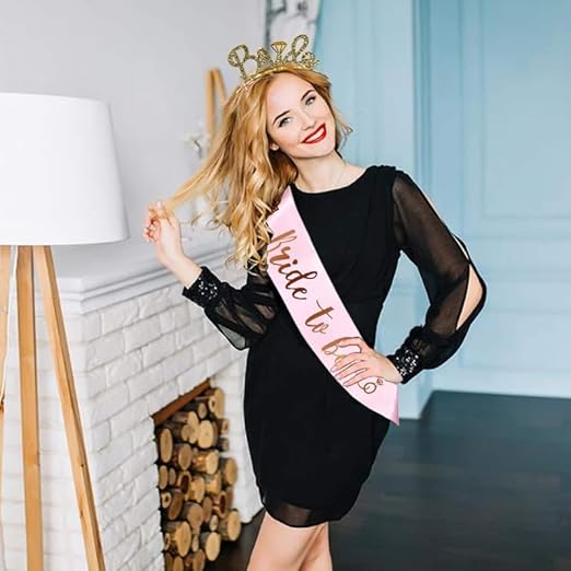 Shimmers Bride to Be Sash & Tiara Set Pink Satin Sash with Gold Lettering & Crystal Bride Metal Headband Elegant Bachelorette, Bridal Shower Decorations & Hen Night Accessories for the Bride-to-Be
