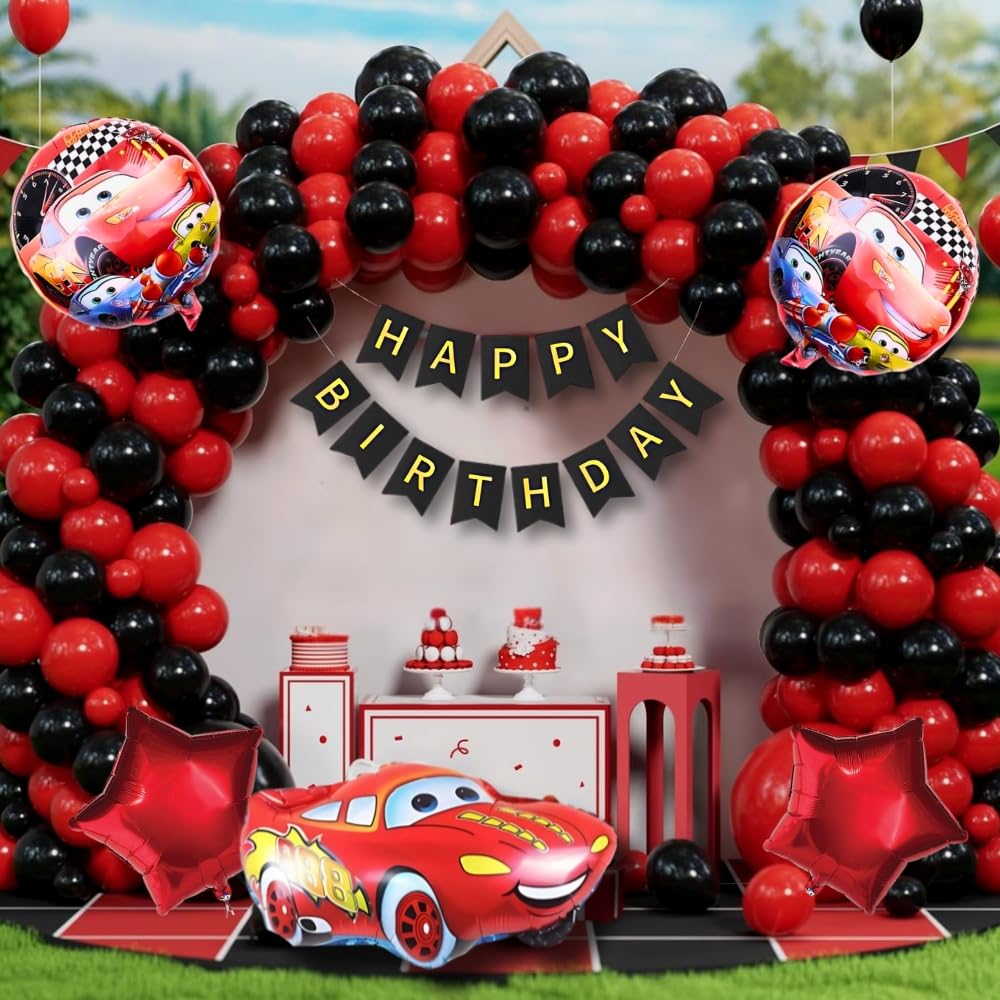 Shimmers Premium Cars Theme Birthday Balloon Decoration Set - Pack of 125 Arch Garland Kit, Happy Birthday Banner, Foil Star Balloons and Cartoon Car Foil Balloon for Kids Party Supplies