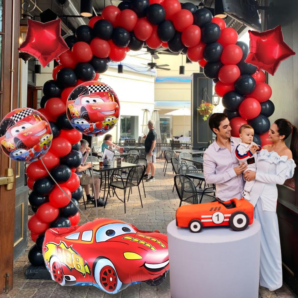 Shimmers Premium Cars Theme Birthday Balloon Decoration Set - Pack of 125 Arch Garland Kit, Happy Birthday Banner, Foil Star Balloons and Cartoon Car Foil Balloon for Kids Party Supplies