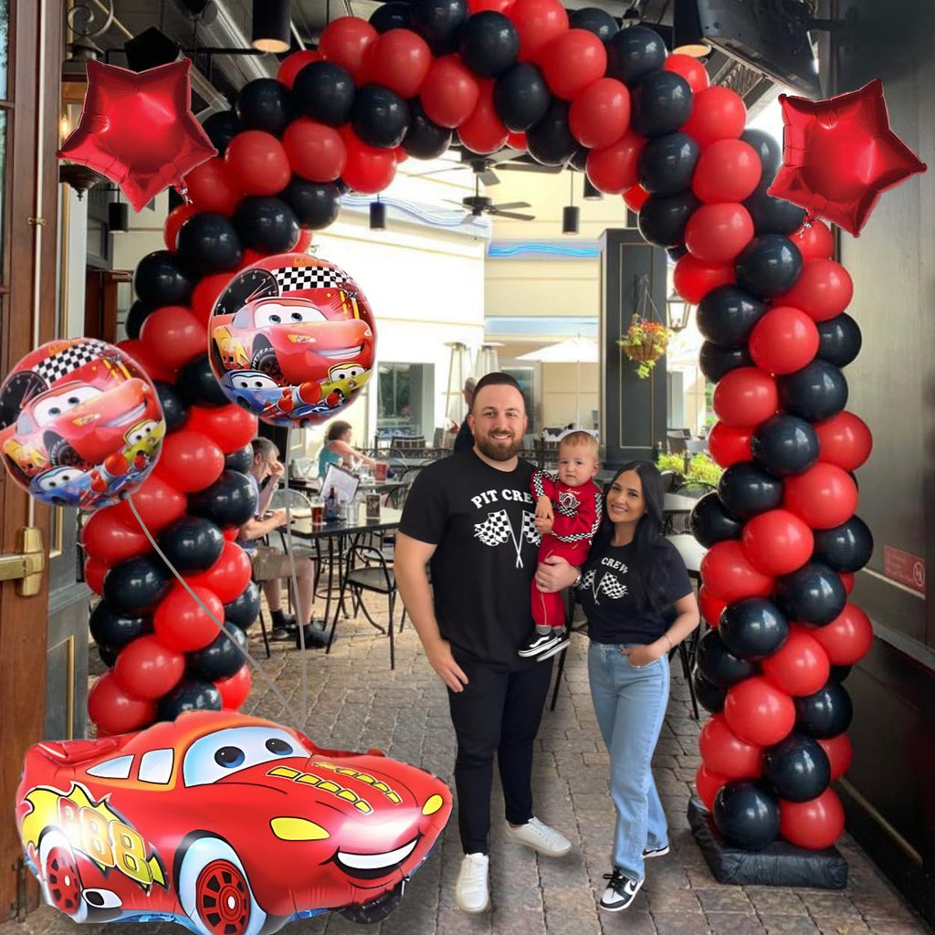 Shimmers Premium Cars Theme Birthday Balloon Decoration Set - Pack of 125 Arch Garland Kit, Happy Birthday Banner, Foil Star Balloons and Cartoon Car Foil Balloon for Kids Party Supplies