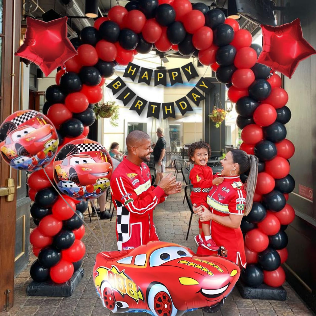 Shimmers Premium Cars Theme Birthday Balloon Decoration Set - Pack of 125 Arch Garland Kit, Happy Birthday Banner, Foil Star Balloons and Cartoon Car Foil Balloon for Kids Party Supplies