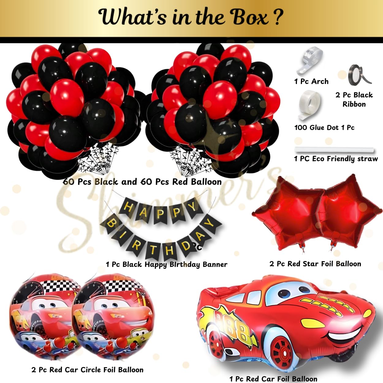 Shimmers Premium Cars Theme Birthday Balloon Decoration Set - Pack of 125 Arch Garland Kit, Happy Birthday Banner, Foil Star Balloons and Cartoon Car Foil Balloon for Kids Party Supplies